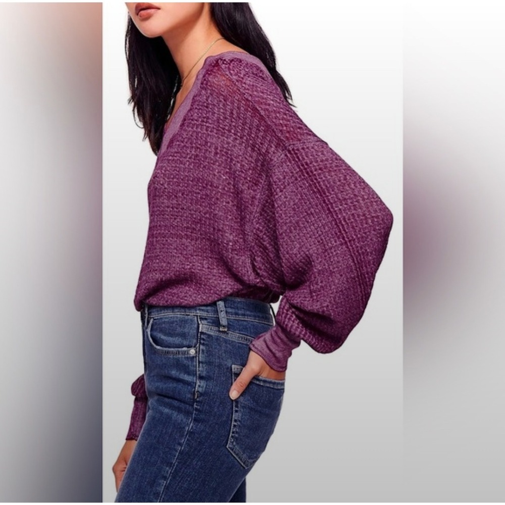 Free People We the Free South Side Thermal V-Neck Waffle Knit Top Womens Large